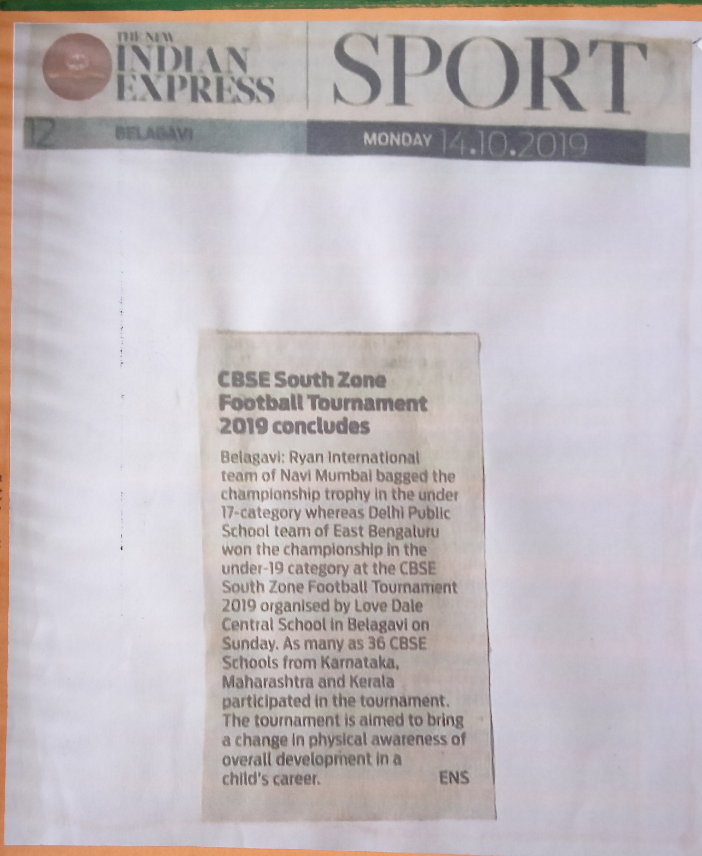 School’s win at a football tournament was featured in The New Indian Express - Ryan International School, Sanpada